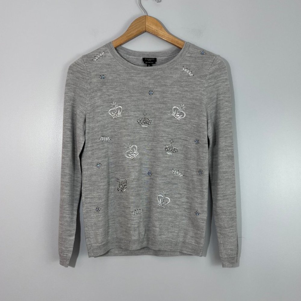 Talbots 100% Merino Wool Grey Crewneck Sweater w/ Bejewelled Crown Accents